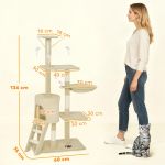 Beige multi-level cat tree with dimensions displayed