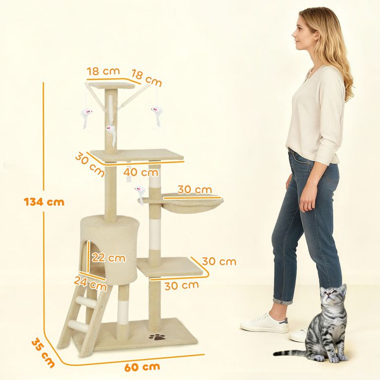 Beige multi-level cat tree with dimensions displayed