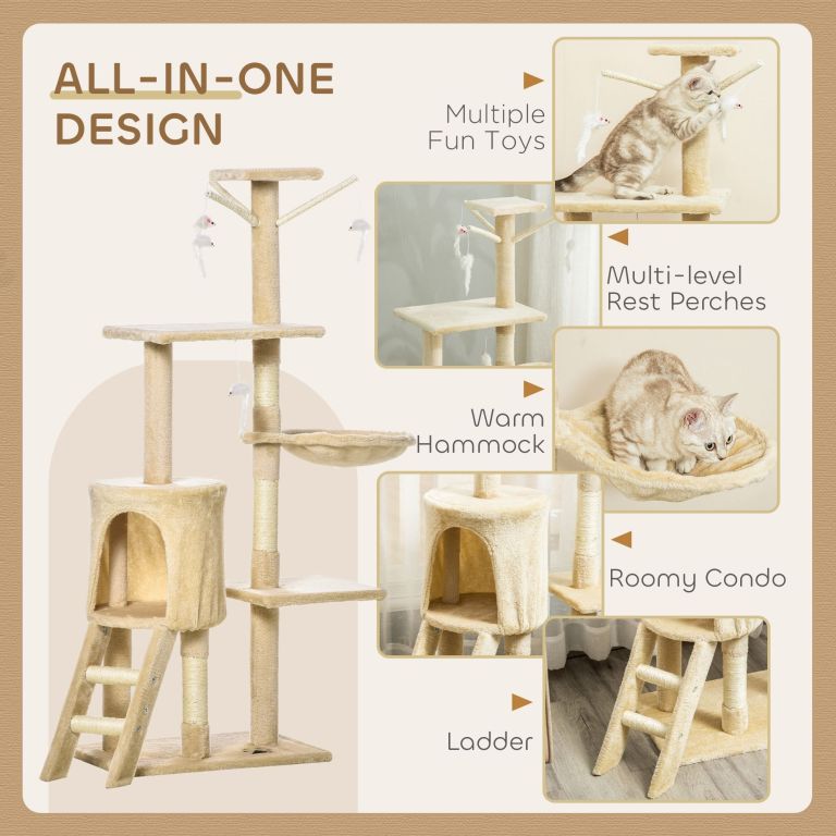 Beige multi-level cat tree with hammock and toys