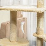 Beige cat tree with dangling toy mouse