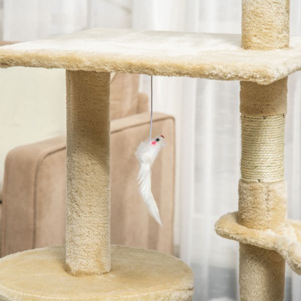 Beige cat tree with dangling toy mouse