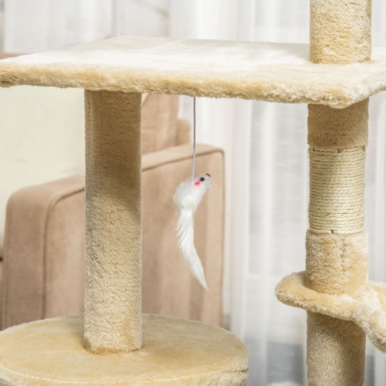 Beige cat tree with dangling toy mouse