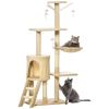 Two grey cats on beige multi-level cat tree