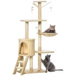 Two grey cats on beige multi-level cat tree