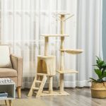 Beige multi-level cat tree in bright living room