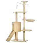 Beige multi-level cat tree with hammock and toys