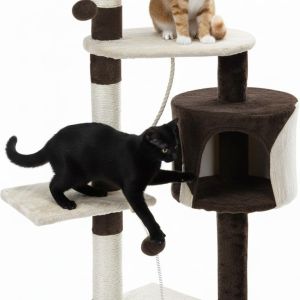 Two cats playing on multi-level cat tree