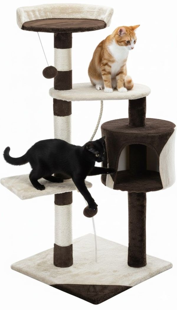 Two cats playing on multi-level cat tree