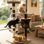 Four cats playing on cat tree indoors