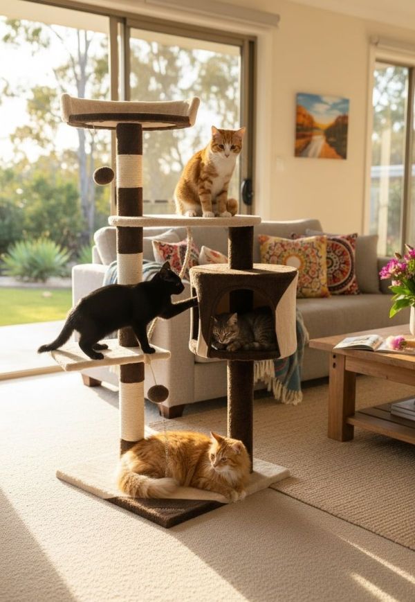 Four cats playing on cat tree indoors