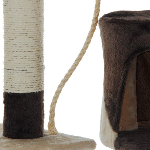 Close-up of plush cat scratching post and condo