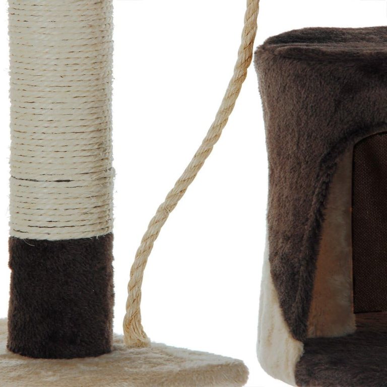 Close-up of plush cat scratching post and condo