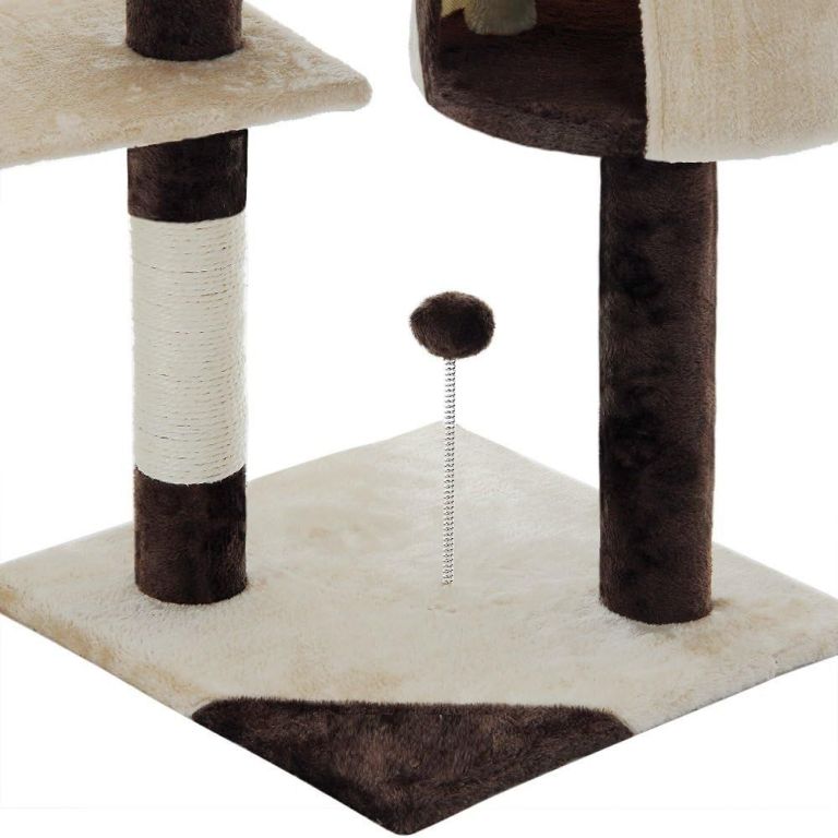 Beige and brown cat tree with dangling toy