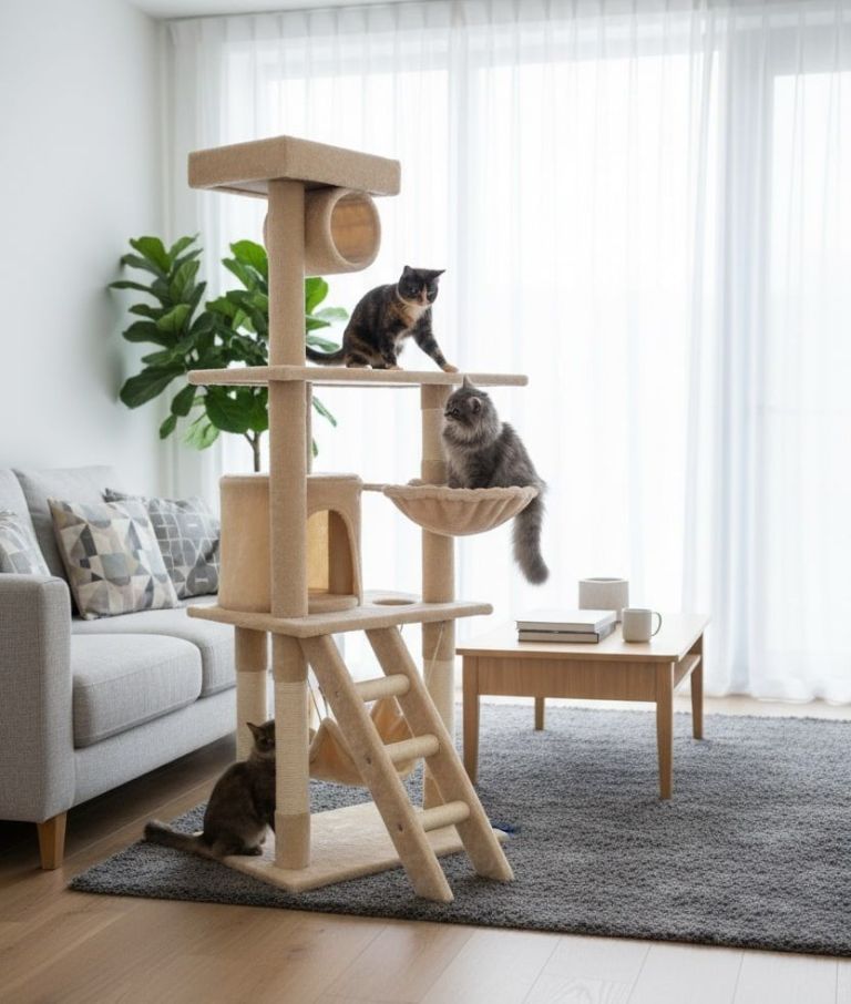 Three cats playing on beige cat tree indoors