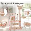 Beige multi-level cat tree with dimensions labelled