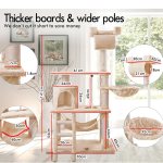 Beige multi-level cat tree with dimensions labelled
