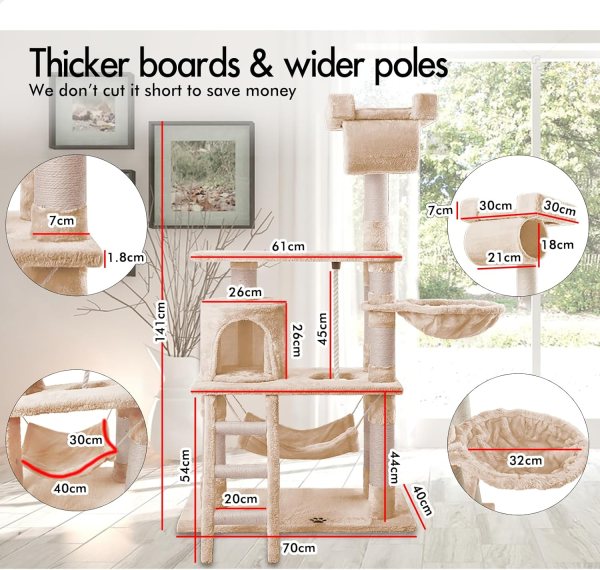 Beige multi-level cat tree with dimensions labelled