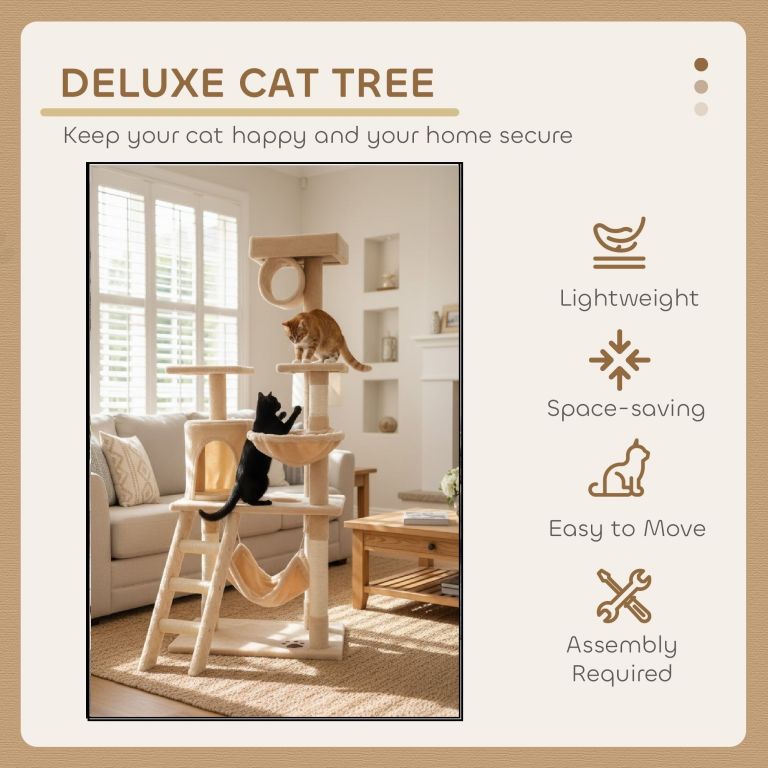 Two cats playing on deluxe cat tree indoors