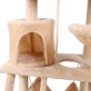 Beige plush cat tree with cubby and platforms
