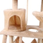 Beige plush cat tree with cubby and platforms