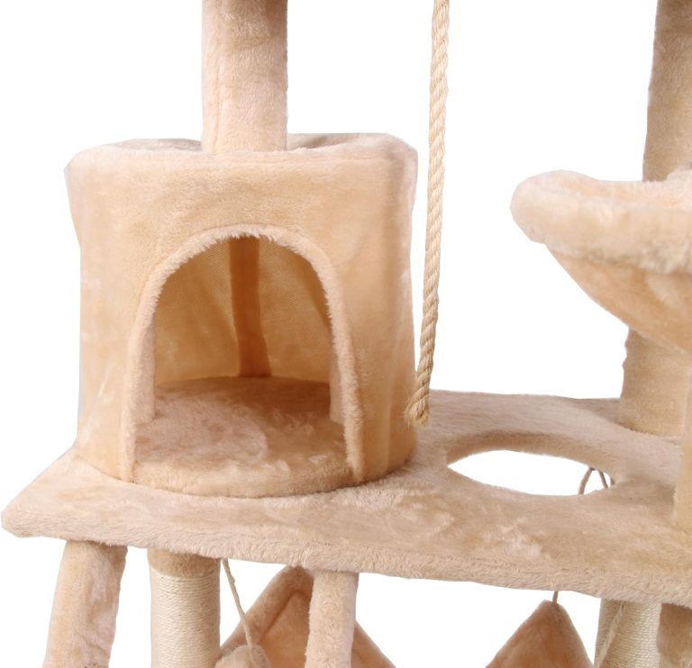 Beige plush cat tree with cubby and platforms