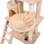 Beige plush cat tree with hammock and ladder