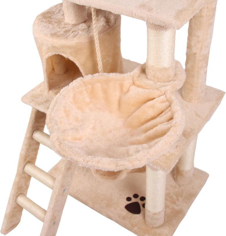 Beige plush cat tree with hammock and ladder