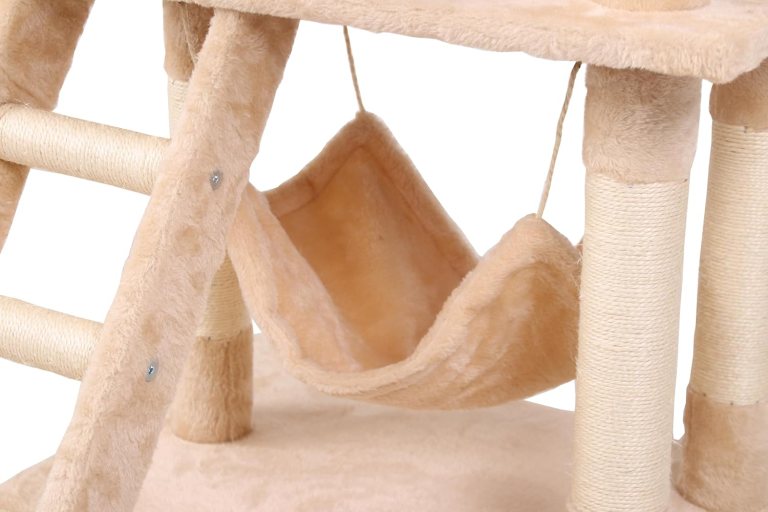 Beige plush cat tree with hanging hammock