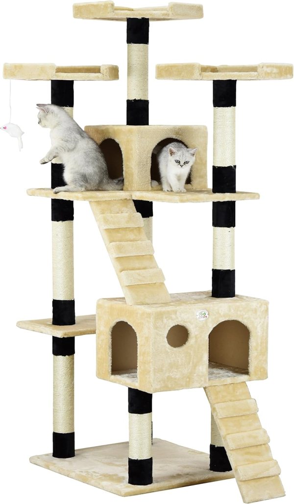 Two cats on beige multi-level cat tree
