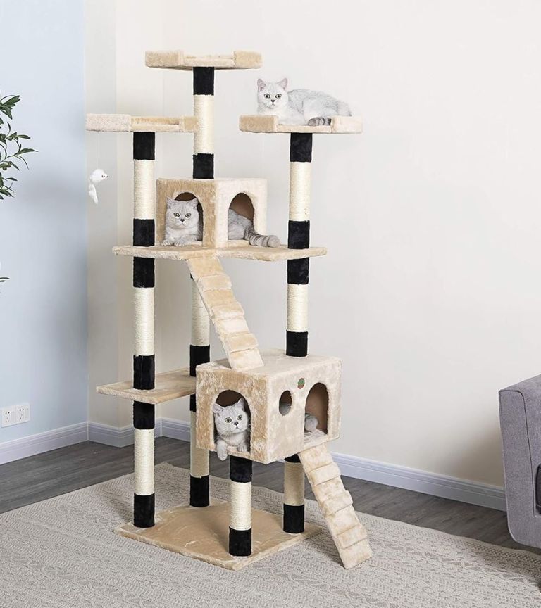 Three cats on multi-level beige cat tree