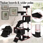 Black multi-level cat tree with dimensions labelled