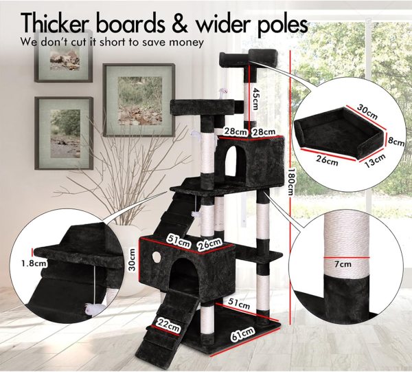 carla home 180cm cat tree tower for indoor cats with dual condos, plush perches, sisal scratching posts & ramps for kittens & adult cats (beige) Black multi-level cat tree with dimensions labelled