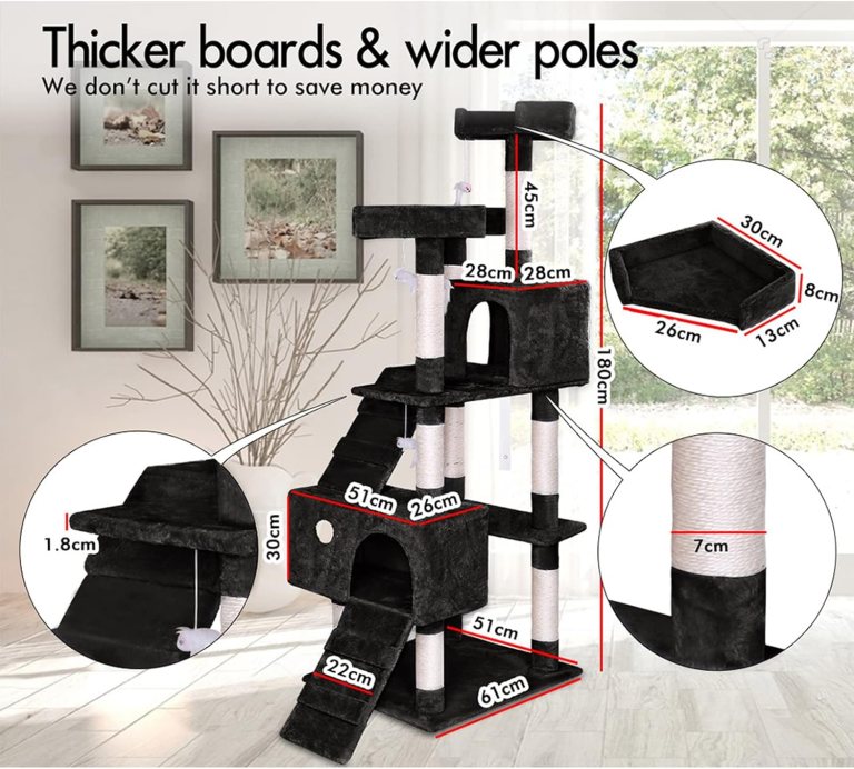Black multi-level cat tree with dimensions labelled