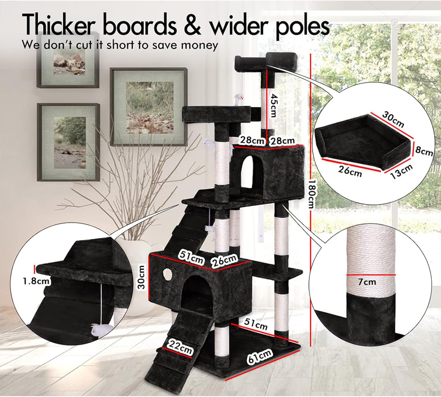 Black multi-level cat tree with dimensions labelled