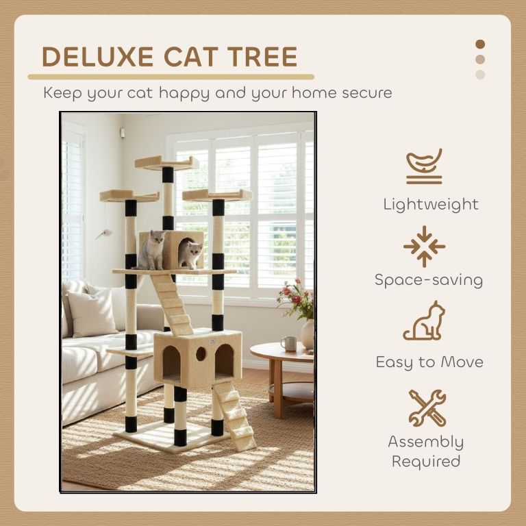 Deluxe cat tree with two cats indoors