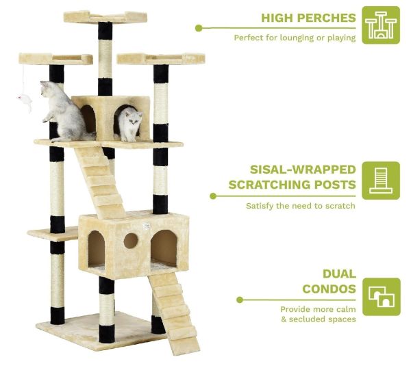 carla home 180cm cat tree tower for indoor cats with dual condos, plush perches, sisal scratching posts & ramps for kittens & adult cats (beige) Multi-level beige cat tree with scratching posts