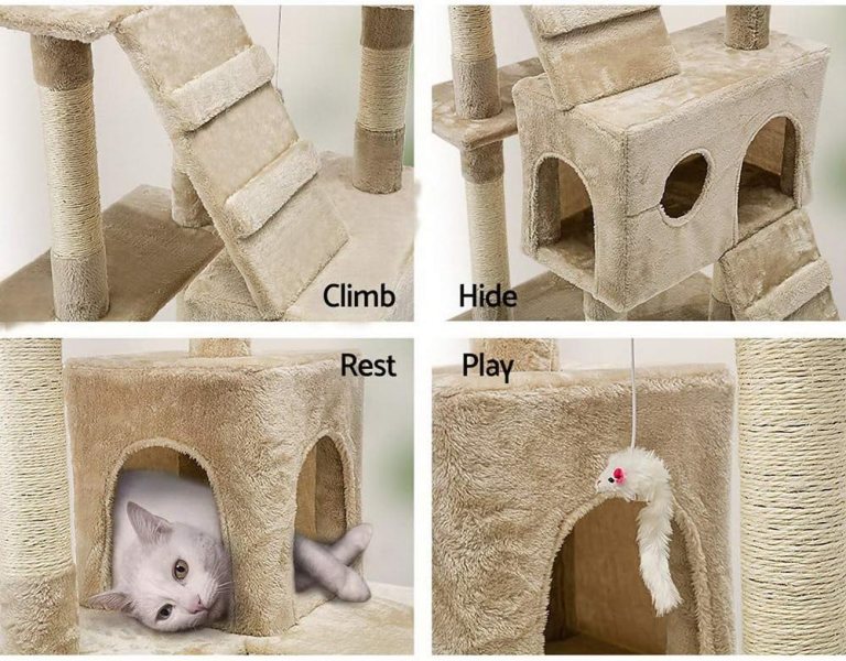 Beige multi-level cat tree with scratching posts