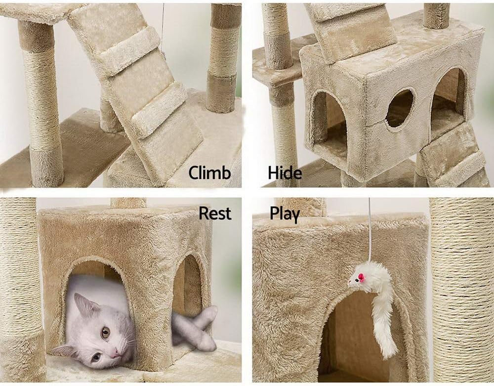 Beige multi-level cat tree with scratching posts