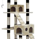Multi-level beige cat tree with scratching posts