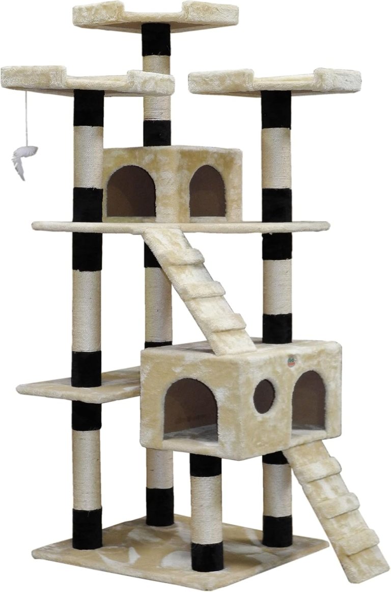Multi-level beige cat tree with scratching posts