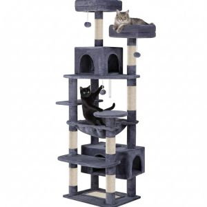 Two cats on multi-level grey cat tree