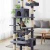 carla home 180cm cat tree tower for indoor cats with plush perches, dual condos, natural sisal scratching posts & ramps for kittens & adult cats (grey) Two cats playing on multi-level cat tree