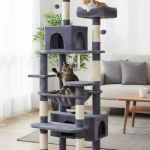 carla home 180cm cat tree tower for indoor cats with plush perches, dual condos, natural sisal scratching posts & ramps for kittens & adult cats (grey) Two cats playing on multi-level cat tree