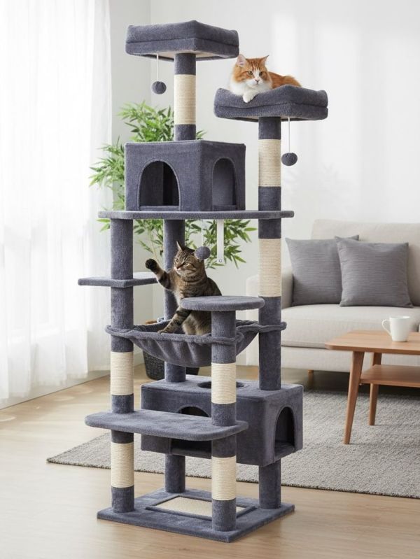 carla home 180cm cat tree tower for indoor cats with plush perches, dual condos, natural sisal scratching posts & ramps for kittens & adult cats (grey) Two cats playing on multi-level cat tree
