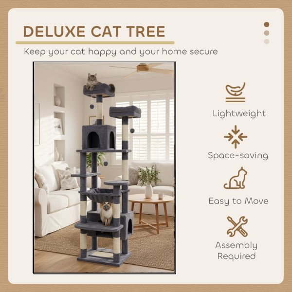 carla home 180cm cat tree tower for indoor cats with plush perches, dual condos, natural sisal scratching posts & ramps for kittens & adult cats (grey) Grey multi-level cat tree in living room