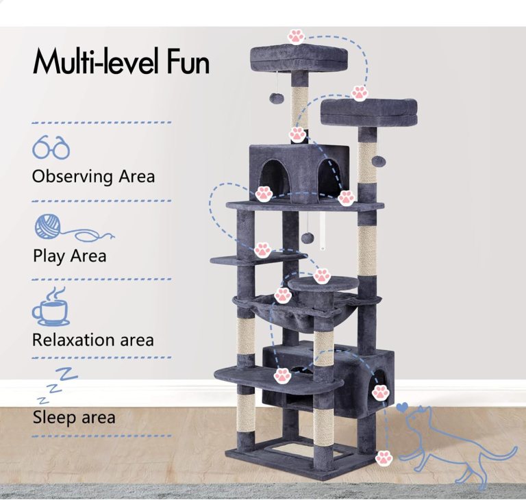 carla home 180cm cat tree tower for indoor cats with plush perches, dual condos, natural sisal scratching posts & ramps for kittens & adult cats (grey) Multi-level grey cat tree with platforms and cubbies