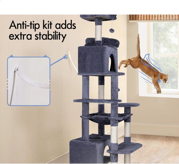 carla home 180cm cat tree tower for indoor cats with plush perches, dual condos, natural sisal scratching posts & ramps for kittens & adult cats (grey) Grey cat tree with anti-tip stability kit