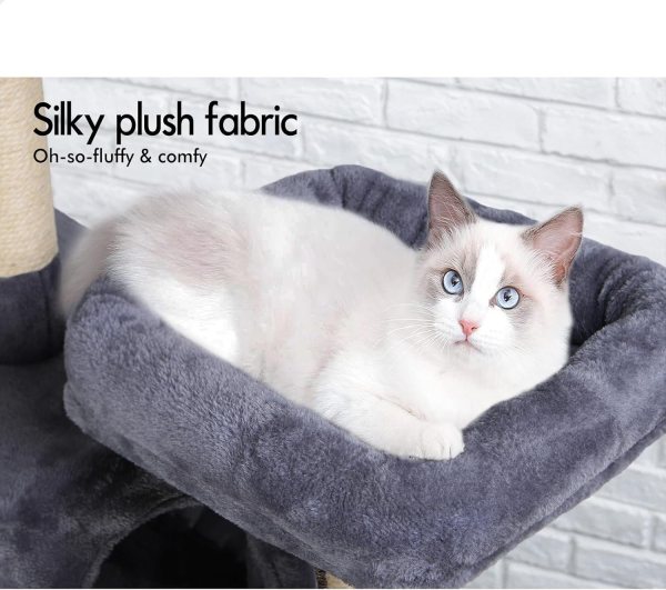 carla home 180cm cat tree tower for indoor cats with plush perches, dual condos, natural sisal scratching posts & ramps for kittens & adult cats (grey) Fluffy cat resting on grey plush cat bed