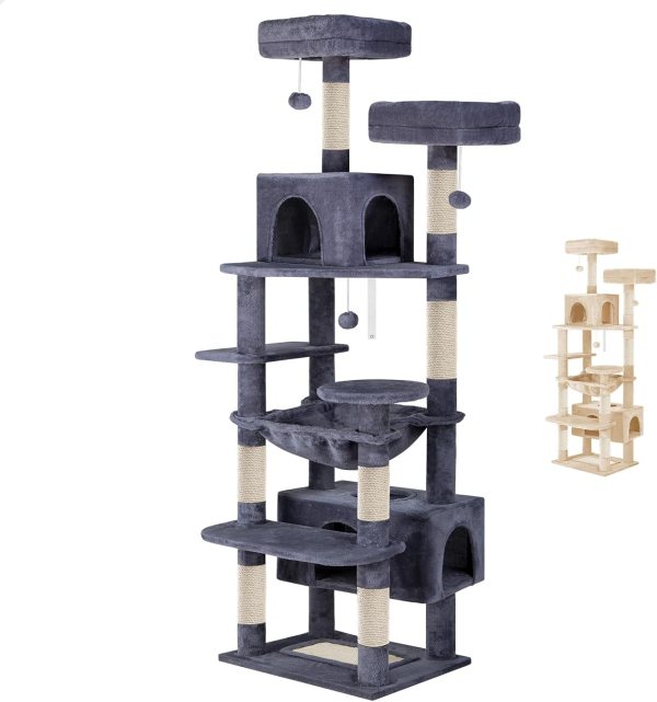 carla home 180cm cat tree tower for indoor cats with plush perches, dual condos, natural sisal scratching posts & ramps for kittens & adult cats (grey) Tall grey multi-level cat tree with scratching posts