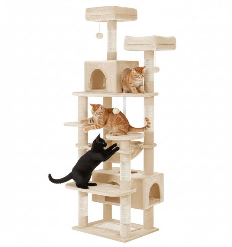 Three cats playing on beige cat tree tower